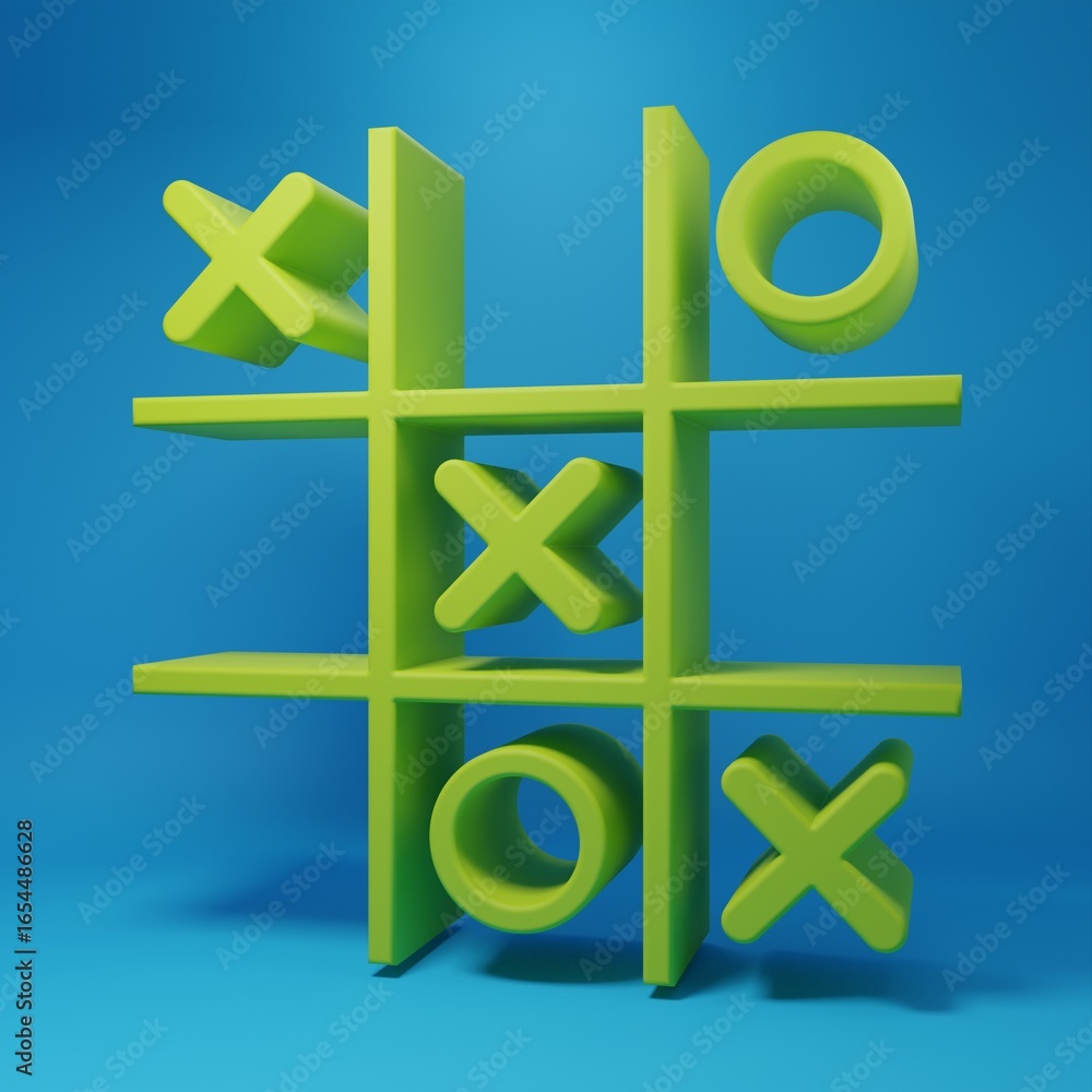 Obraz premium Green Tic tac toe game icon isolated on blue background. Minimalism concept. 3D render illustration