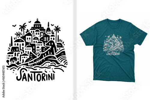 magical santorini vector t-shirt design print template