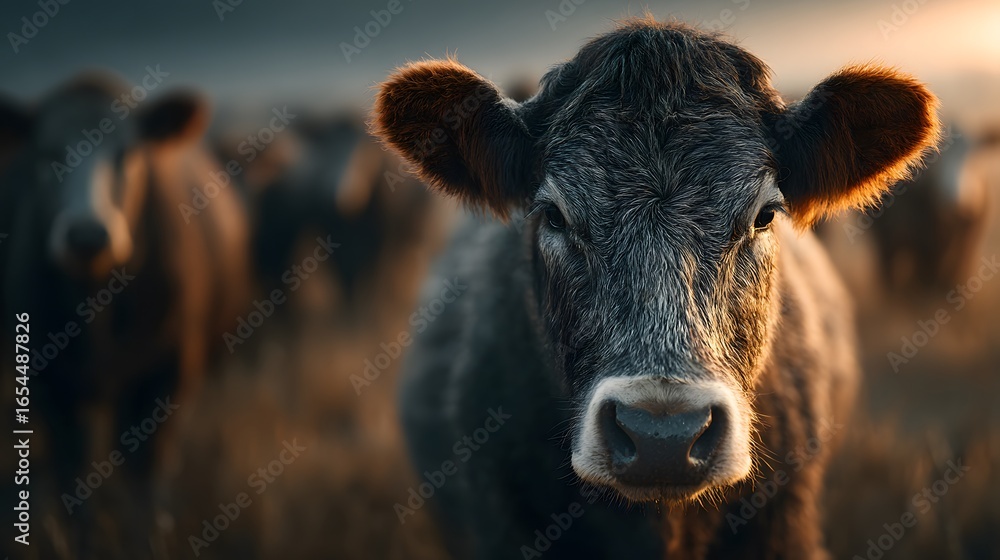 Fototapeta premium Herd of cattle grazes in a dry field during the golden hour. One cow in the foreground looks at the camera, backlit by the low setting sun.