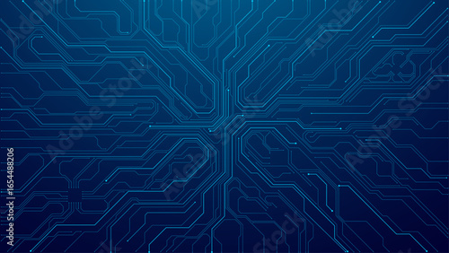 Abstract circuit board in electric blue on technology vector background. Thin lines, wires pattern on tech bg. AI innovation concept. Digital illustration