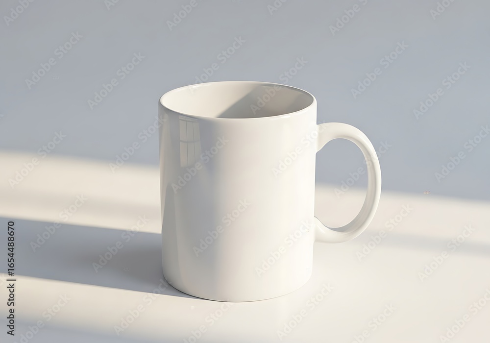 Obraz premium Blank white ceramic coffee mug mockup resting on a clean surface with natural sunlight creating a soft shadow, perfect for branding.