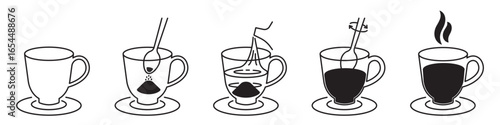 Basic steps to get finished hot drink line icons with editable stroke. Instant coffee preparation, instruction for packaging. Linear icon of kettle, cup, teaspoon. Contour isolated vector illustration