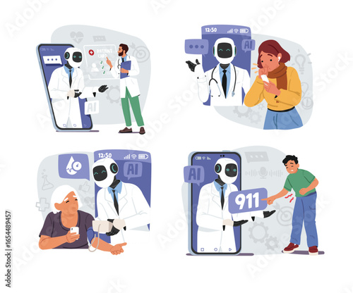 Healthcare innovation cartoon set with doctor and patients using artificial intelligence technology