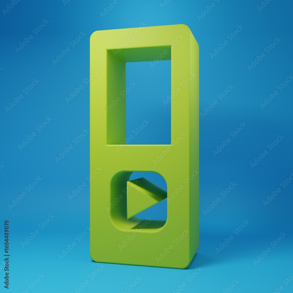 Green Music player icon isolated on blue background. Portable music device. Minimalism concept. 3D render illustration Green Music player icon isolated on blue background. Portable music device. Minimalism concept. 3D render illustration