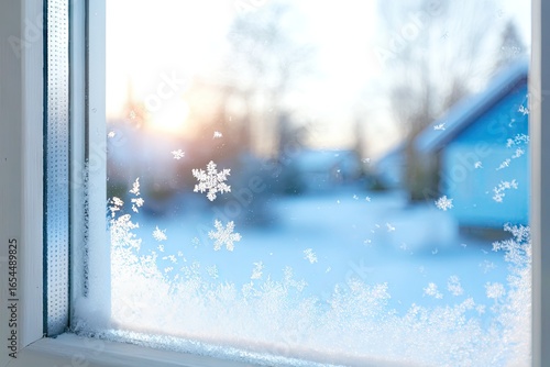 Winter's frosty window pane, snow crystals on glass, view of snowy landscape