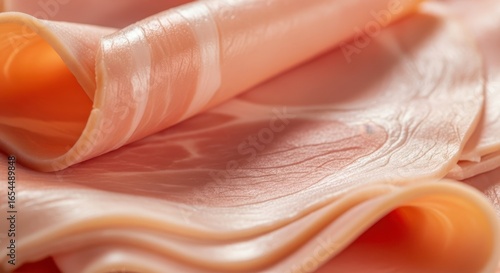 Close up of thinly sliced deli ham showing texture and marbling