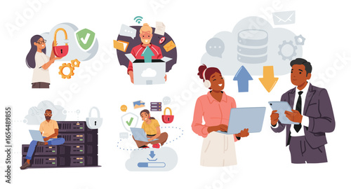 Diverse people characters using safety cloud storage digital service uploading securing data online
