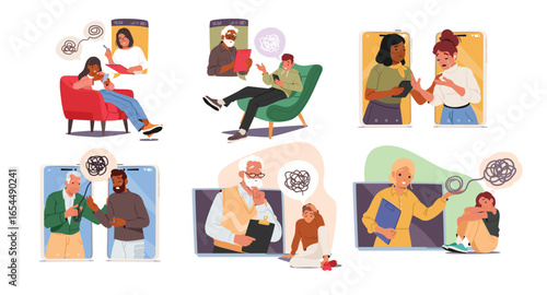 Online psychotherapy cartoon set with diverse people receiving professional help via video call