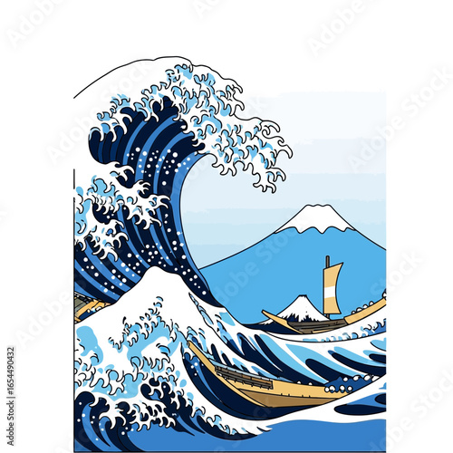 Large ocean wave crashes near a distant mountain and lighthouse.