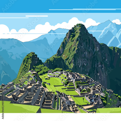Ancient stone ruins nestled on a green mountain peak under a blue sky.