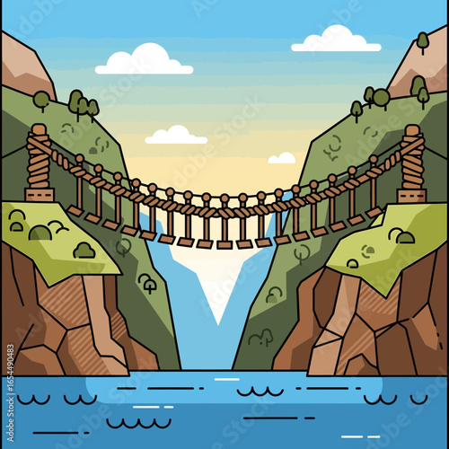 Suspension bridge over a gorge with a waterfall and river.