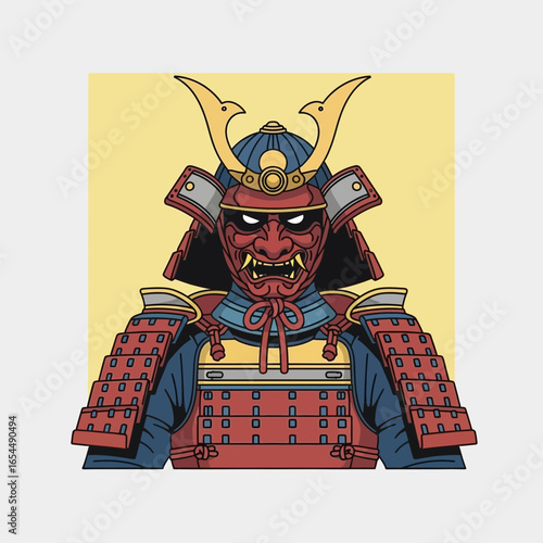 Warrior in traditional armor and helmet with fierce expression.