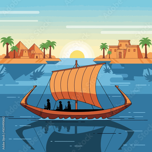 Ancient boat sails on water near desert structures and palm trees.