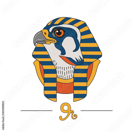 Egyptian falcon god wearing pharaoh headdress and hieroglyph.