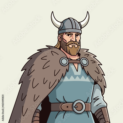 Bearded man in horned helmet and fur cape.