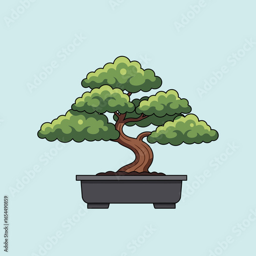 A stylized bonsai tree in a dark pot against a light blue background.