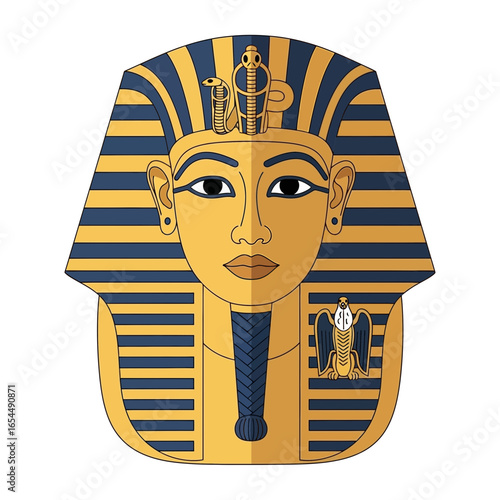 Egyptian pharaoh's golden burial mask with blue and black stripes.