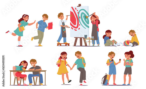 Happy school friends cartoon children characters spending fun time together isolated scene set