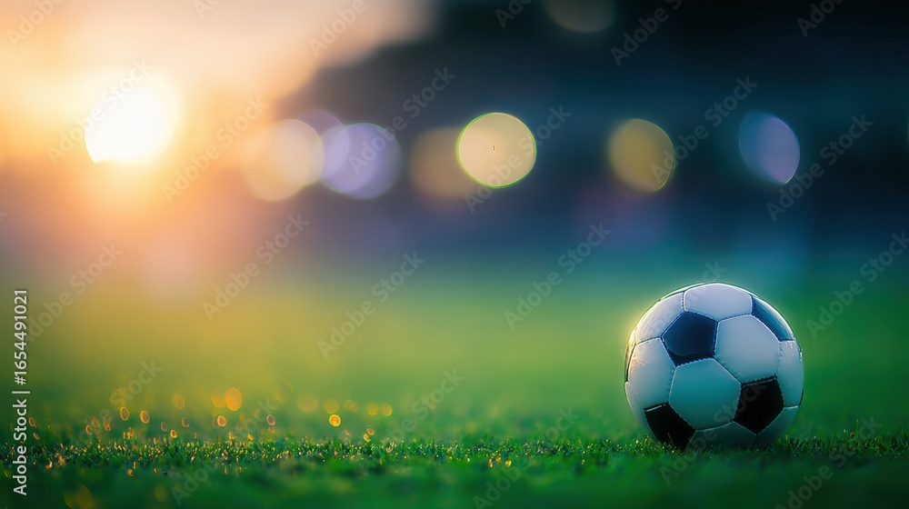Naklejka premium Soccer ball resting on the grass during sunset at a game field