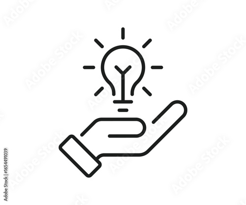 Hand holding a light bulb, concept of innovation and creativity. Business thinking, creative idea icon. Knowledge logotype design. Startup symbol. Inspiration and problem-solving visualization