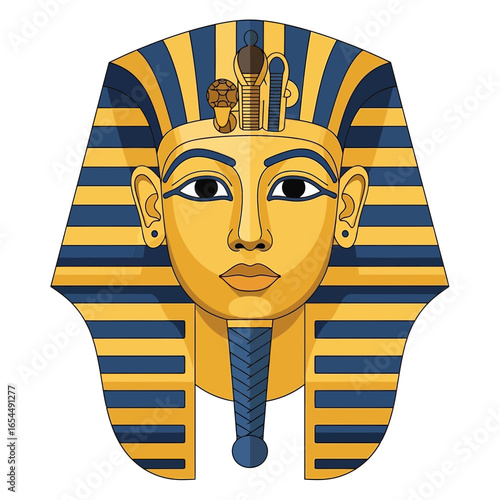 Egyptian pharaoh's golden burial mask with blue stripes.