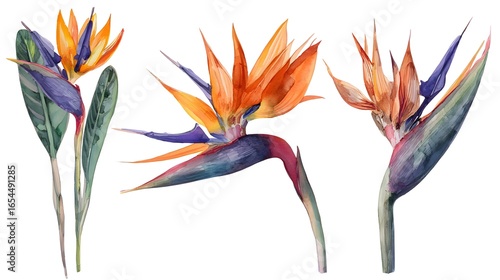 Fototapeta Naklejka Na Ścianę i Meble -  Ultra realistic watercolor style illustration of bird of paradise, high detailed, close up, isolated on white