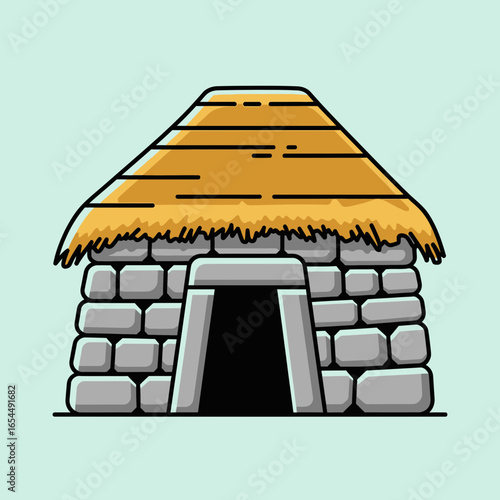 Stone hut with thatched roof against a light blue background.