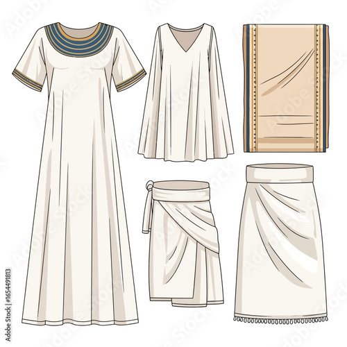 Ancient clothing designs with fabric patterns and a book.