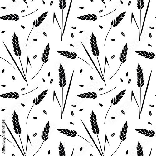 Wheat spikelets and grains, vector seamless pattern in flat style, isolated. Design of print, wrapping paper, packaging on theme of bakery products, flour, harvest, thanksgiving.
