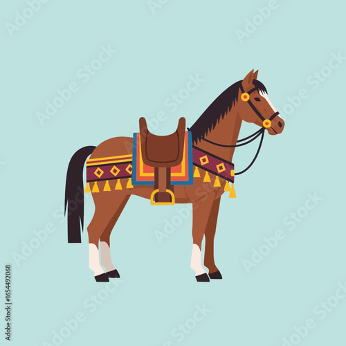 Decorated horse with saddle on plain background.