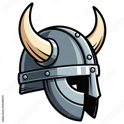 Cartoon viking helmet with horns and metal plating.