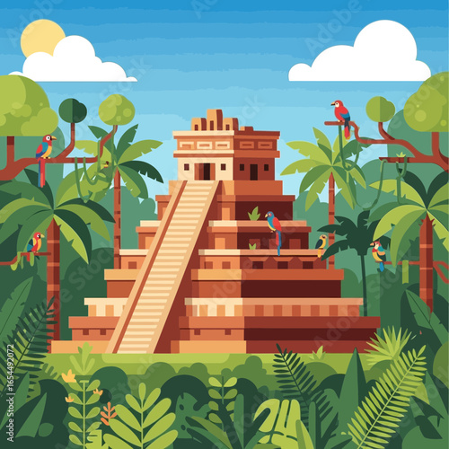 Ancient pyramid structure in a lush jungle setting with a blue sky.
