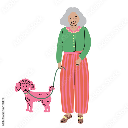 Elderly woman walking pink poodle dog illustration, vector old lady with dog