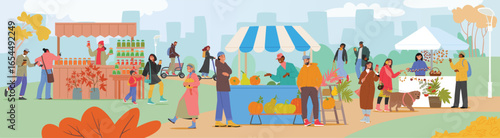 Crowd of people characters doing shopping at autumn farm market in city park during harvest festival