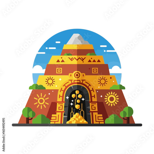 Ancient temple structure with golden treasure inside and surrounding landscape.