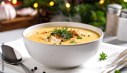 Creamy, steaming soup in a white bowl