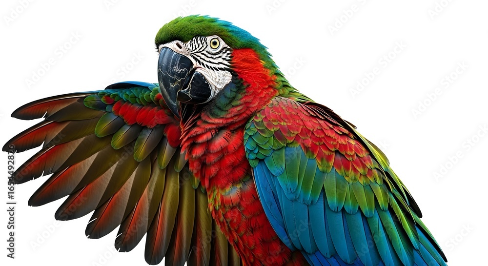 Obraz premium A vibrant parrot with colorful plumage stands isolated on a white background.