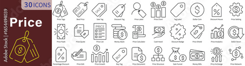 Price Icon Set in Line Style with Editable Stroke for Cost, Money, Payment, and Financial Commerce