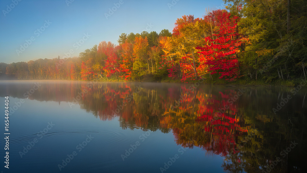Fototapeta premium Vibrant autumn forest reflected in a misty lake at sunrise