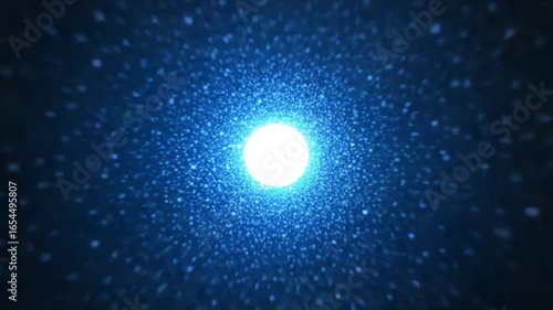 A cosmic tunnel is filled with blue glowing lights, converging toward a bright central point