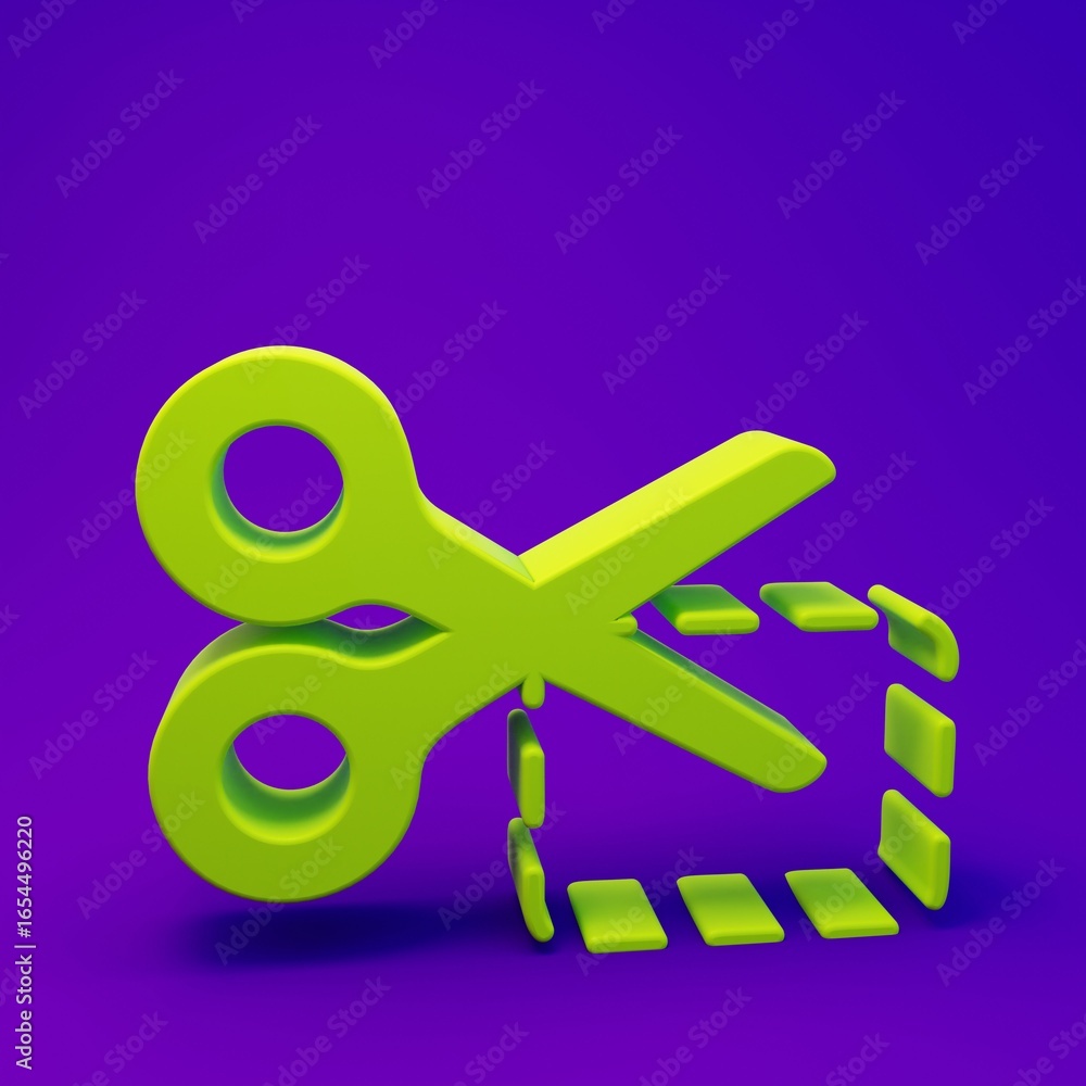 Fototapeta premium Green Scissors cuts discount coupon icon isolated on purple-blue background. The concept of selling in an online supermarket at low prices or half the cost. Minimalism concept. 3D render illustration