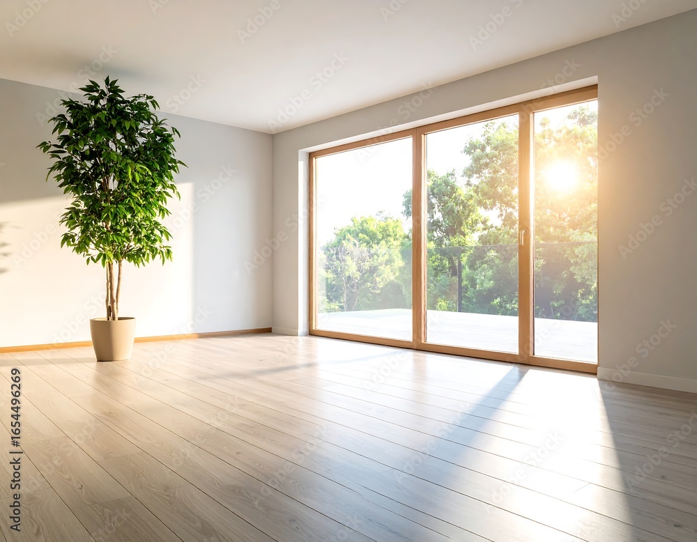 Fototapeta premium Bright expansive room featuring sunlight streaming through large windows and plant decor