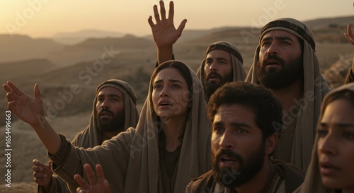 A group of biblical people, men and women, with raised arms praying outdoors. Early christianity and Jesus Christ concept.