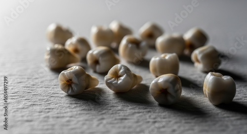 Scattered, small, pale teeth on textured surface