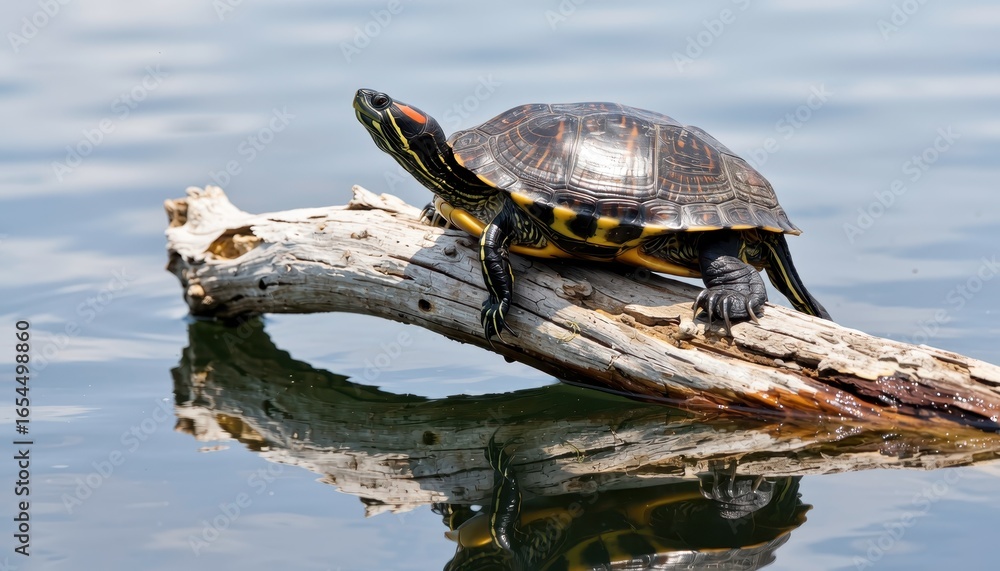 Fototapeta premium Redeared slider turtle basking on a log in a pond, enjoying the warm sunlight and reflecting in water