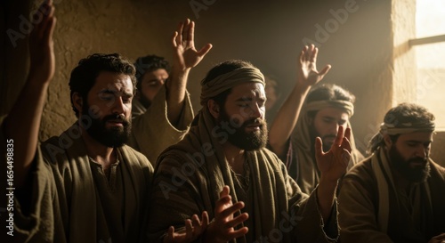 Men praying with hands raised in a historical setting, depicting early Christian worship and spiritual devotion.