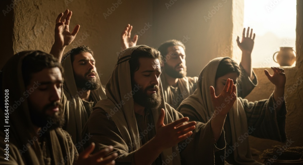 Obraz premium Early christian men and women with raised hands in prayer meeting. Disciples and apostles praying during Pentecost. Biblical times and gospel concept.