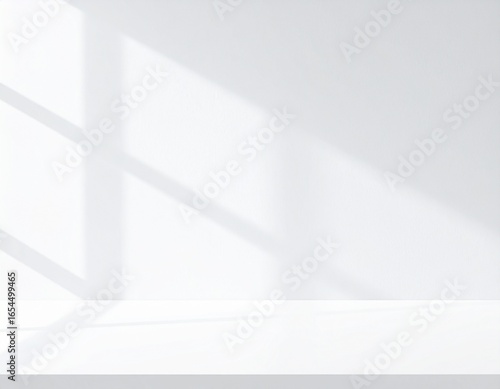 Clean white podium with shadow cast from a window, representing minimalist design and product display