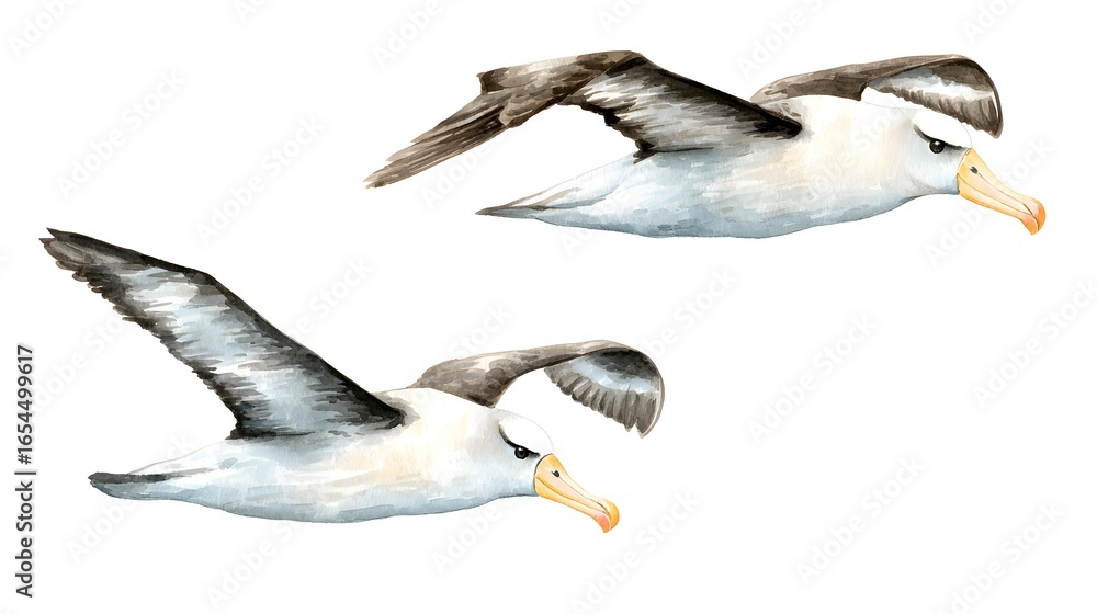 Obraz premium Set of albatros Watercolor Illustration Set. Hand-Drawn Realistic white and Black albatros Collection. sea Birds on White Background.