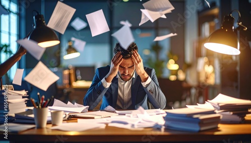Stressed Professional Holding Head Surrounded By Flying Papers In Modern Office At Night